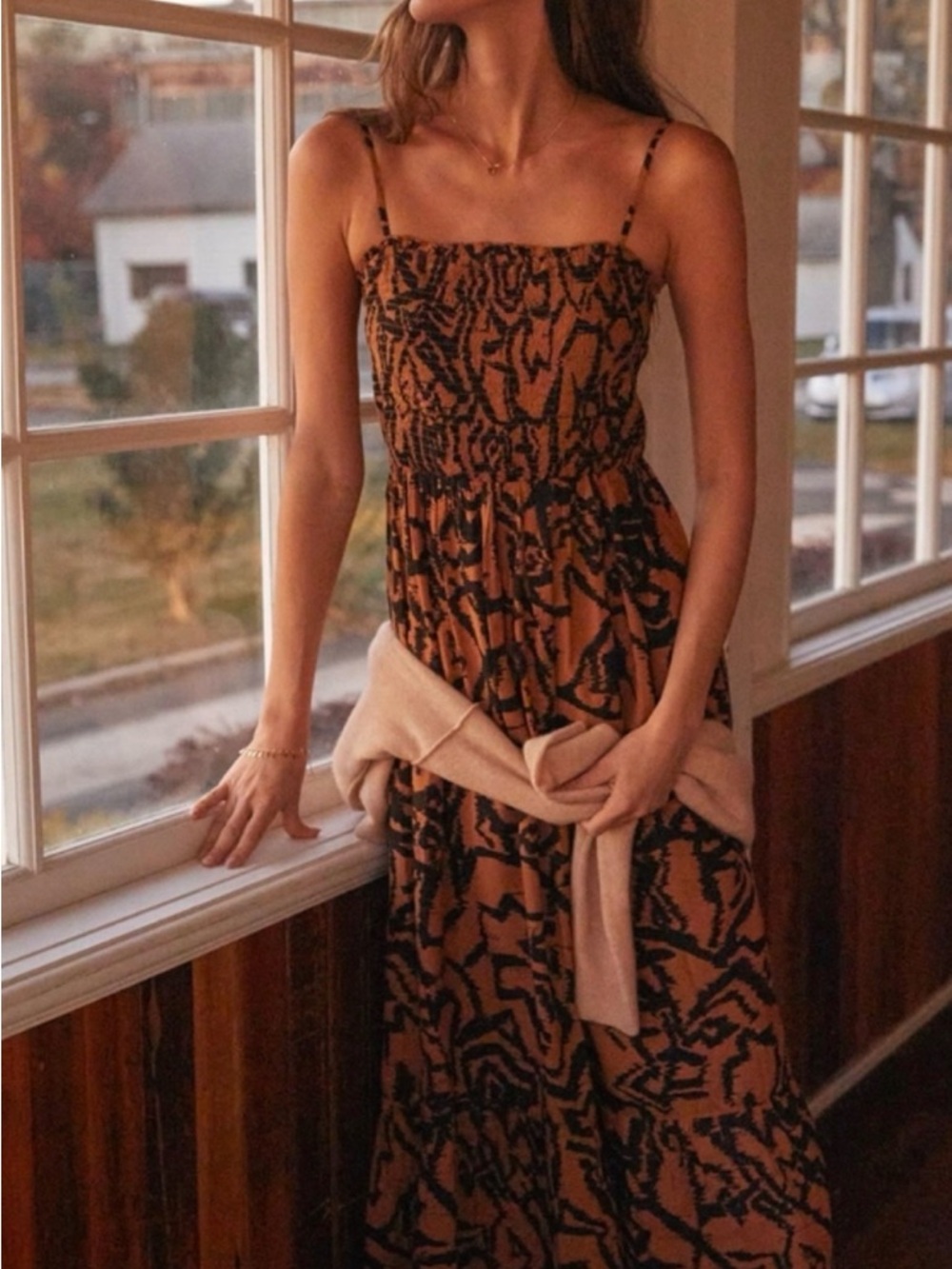 Anthropologie Brown and Black Patterned Maxi Dress